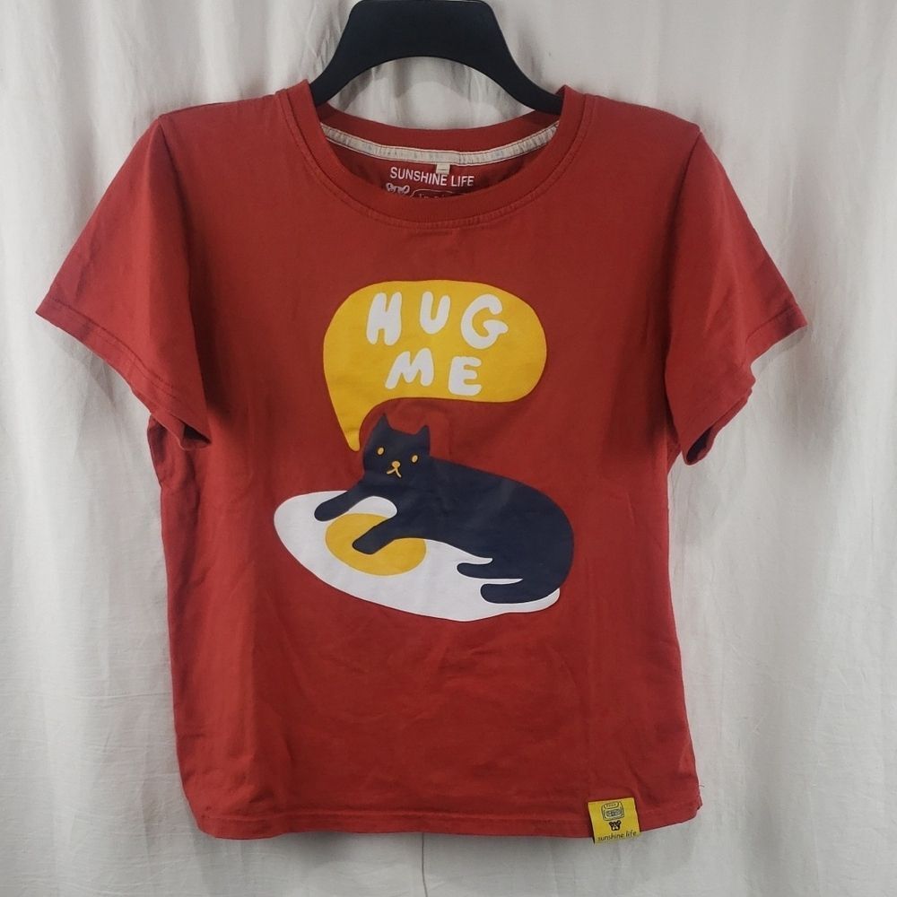 Sunshine Life Hug Me Harajuku Fried Egg & Cat Red T-Shirt